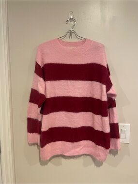 Universal Thread Pink and Burgundy Fuzzy Striped Crewneck Sweater